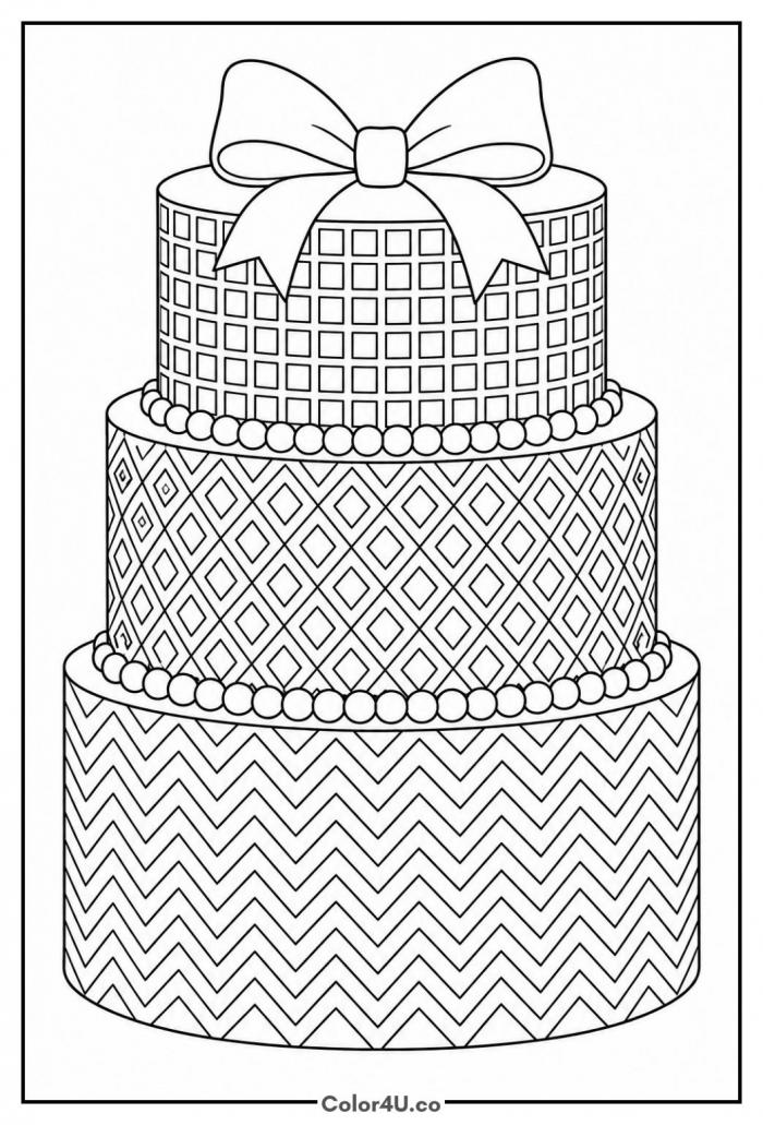Patterned three tier cake with a bow, detailed coloring page, free printable
