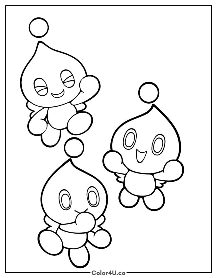 Three Chao characters floating, medium Sonic the Hedgehog coloring page, free printable