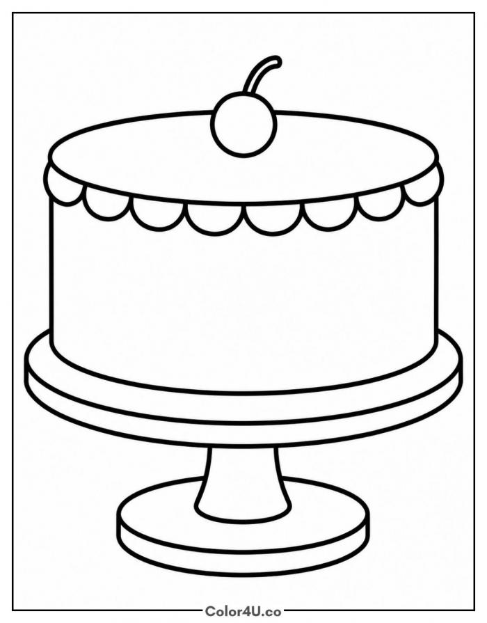 Cake on a cake stand with a cherry, easy coloring page, free printable