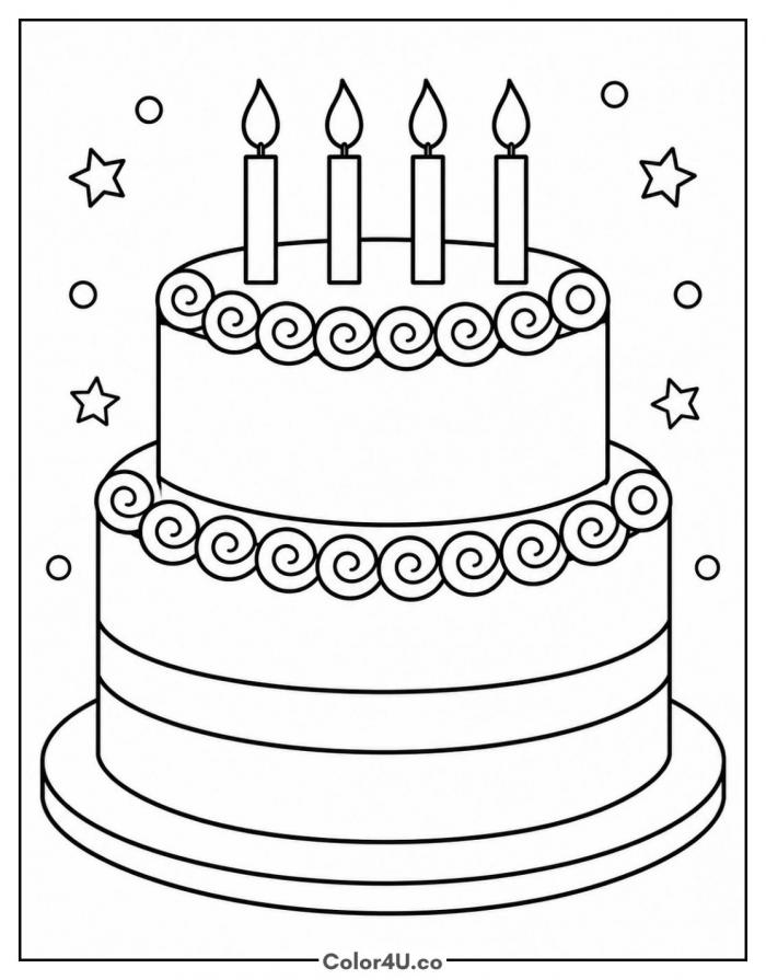 Two tier cake with four candles, medium coloring page, free printable