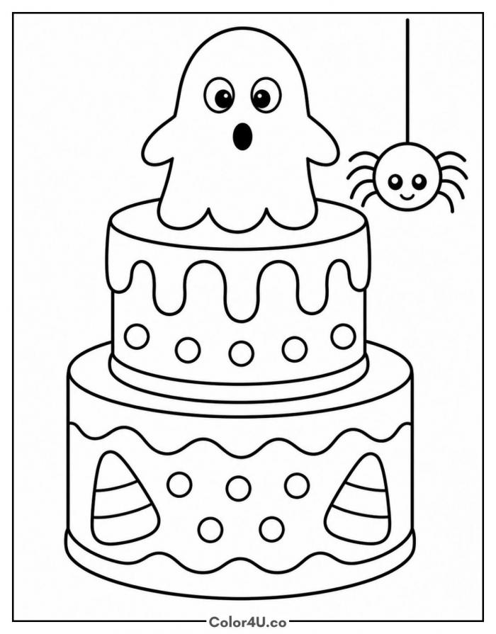 Halloween ghost cake with a spider, medium coloring page, free printable