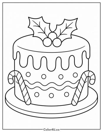 Christmas Cake with Holly coloring page