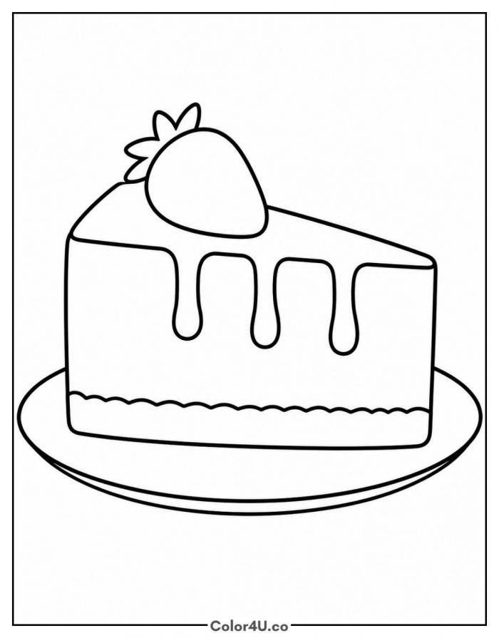 Cheesecake slice with a strawberry on top, easy coloring page, free printable