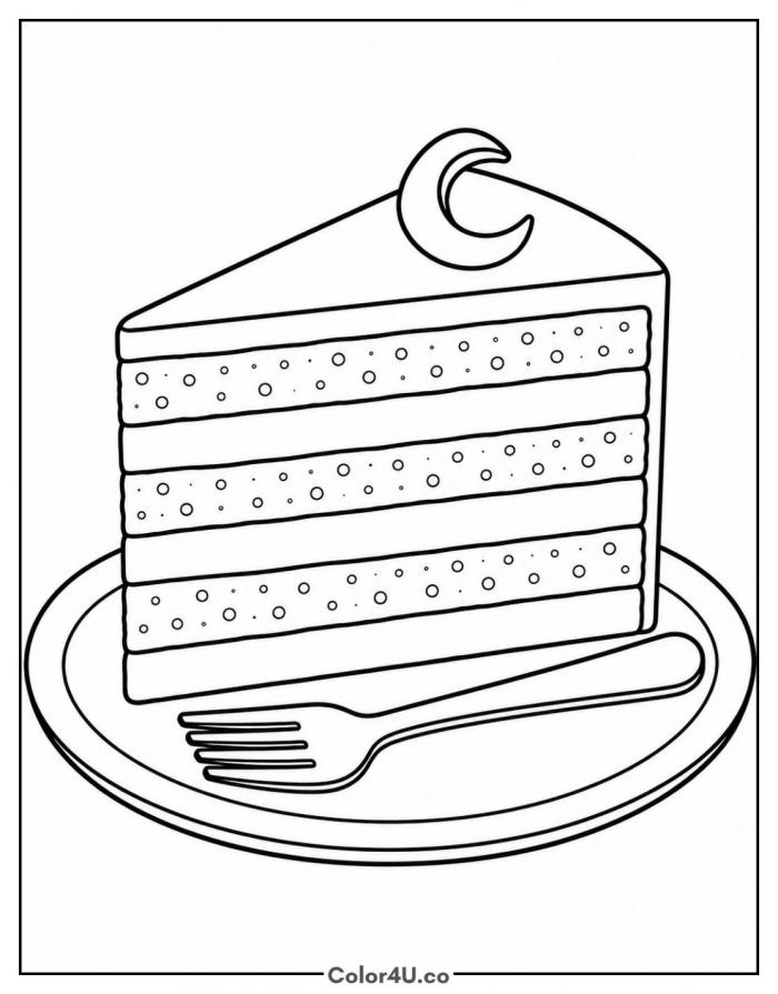 Chocolate cake slice with a fork, easy coloring page, free printable