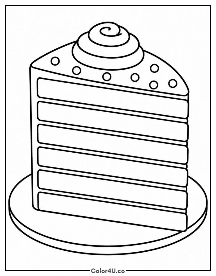 Rainbow layer cake slice with frosting swirl, easy coloring page, free printable