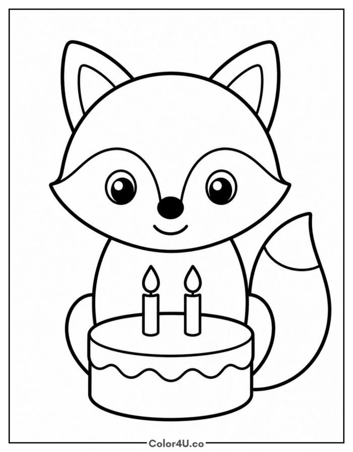 Fox holding a birthday cake with two candles, easy coloring page, free printable