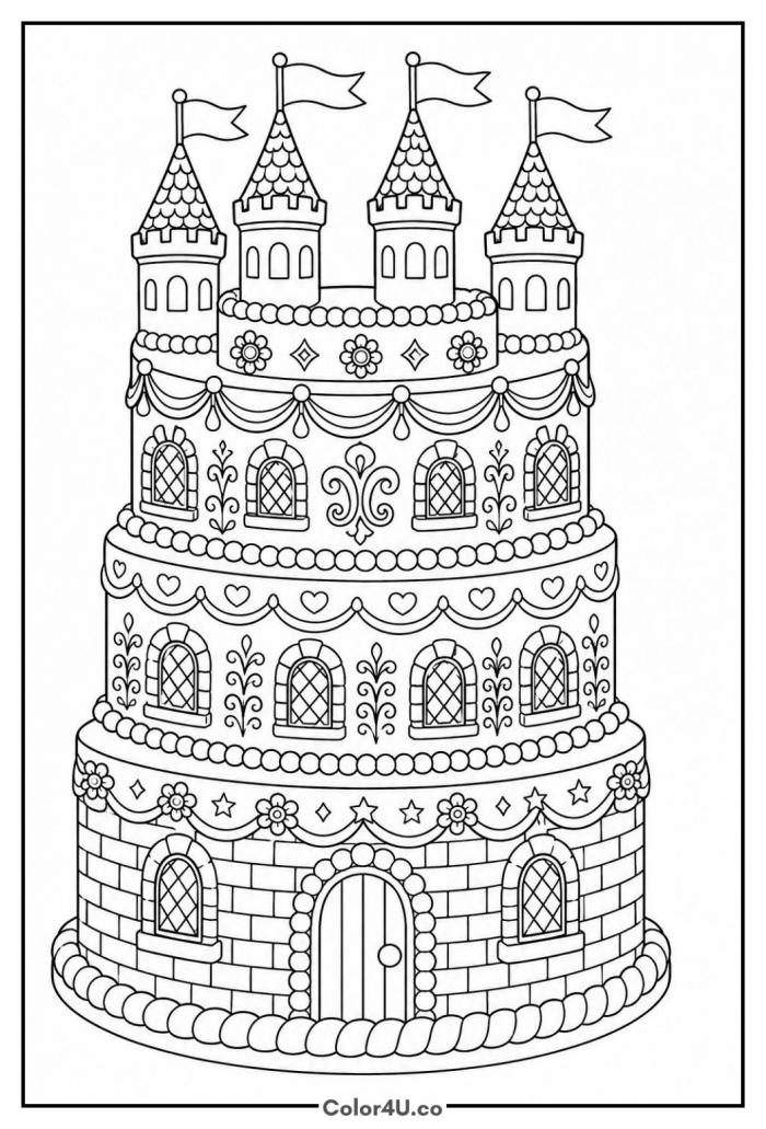 Princess castle cake with turrets and flags, detailed coloring page, free printable