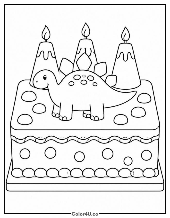 Dinosaur birthday cake with three candles, medium coloring page, free printable