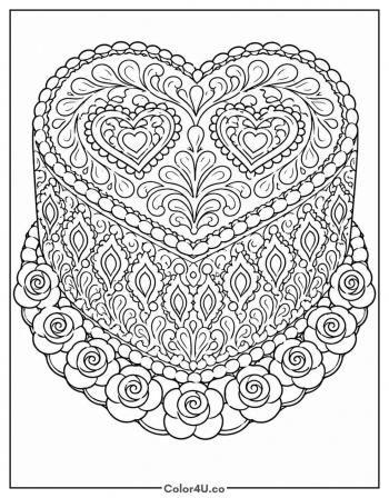 Valentine Heart Cake with Roses coloring page