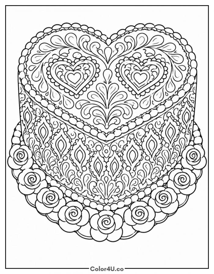 Valentine heart cake with roses, detailed coloring page, free printable