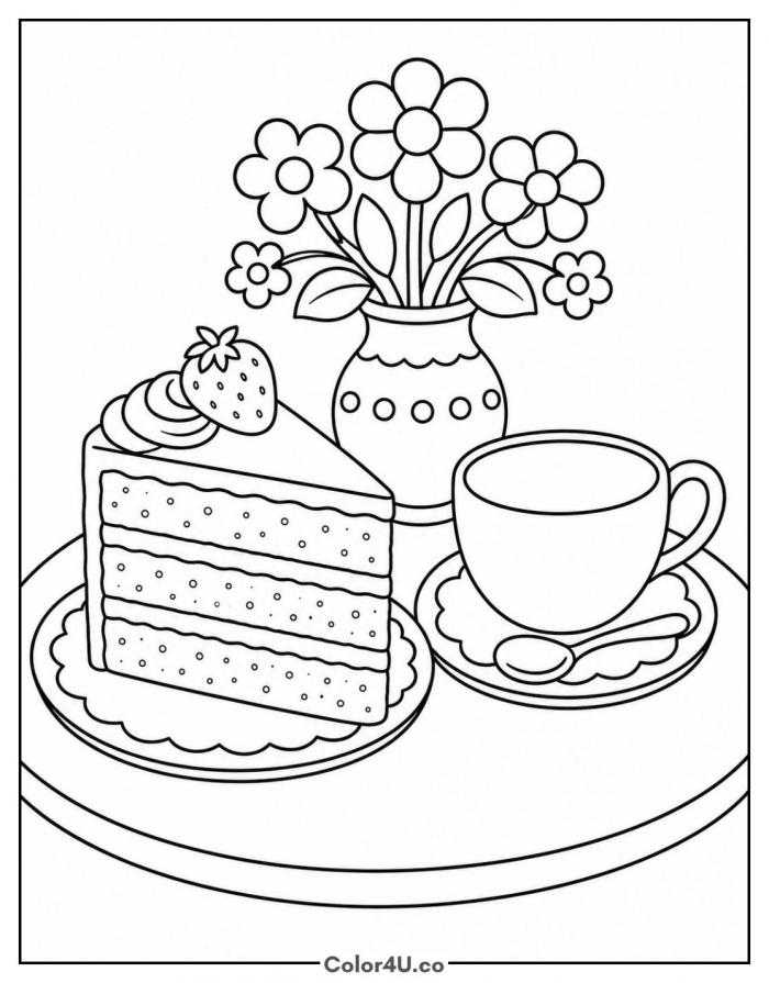 Cake slice with a cup of tea and flowers, medium coloring page, free printable