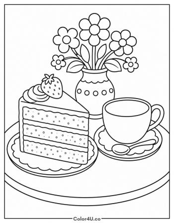 Cake and a Cup of Tea coloring page