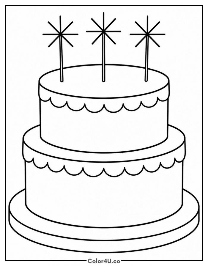 Two tier cake with three sparklers, easy coloring page, free printable
