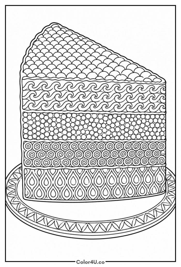 Zentangle patterned cake slice, detailed coloring page, free printable