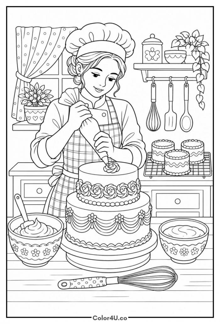 Baker piping frosting onto a tiered cake, detailed coloring page, free printable