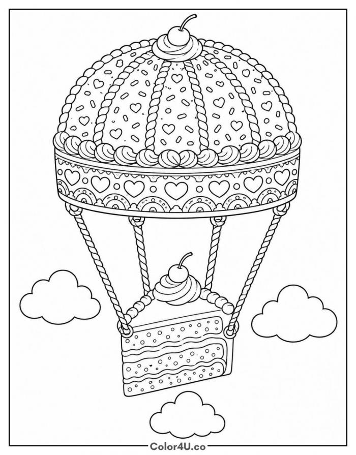 Cake hot air balloon floating in clouds, detailed coloring page, free printable