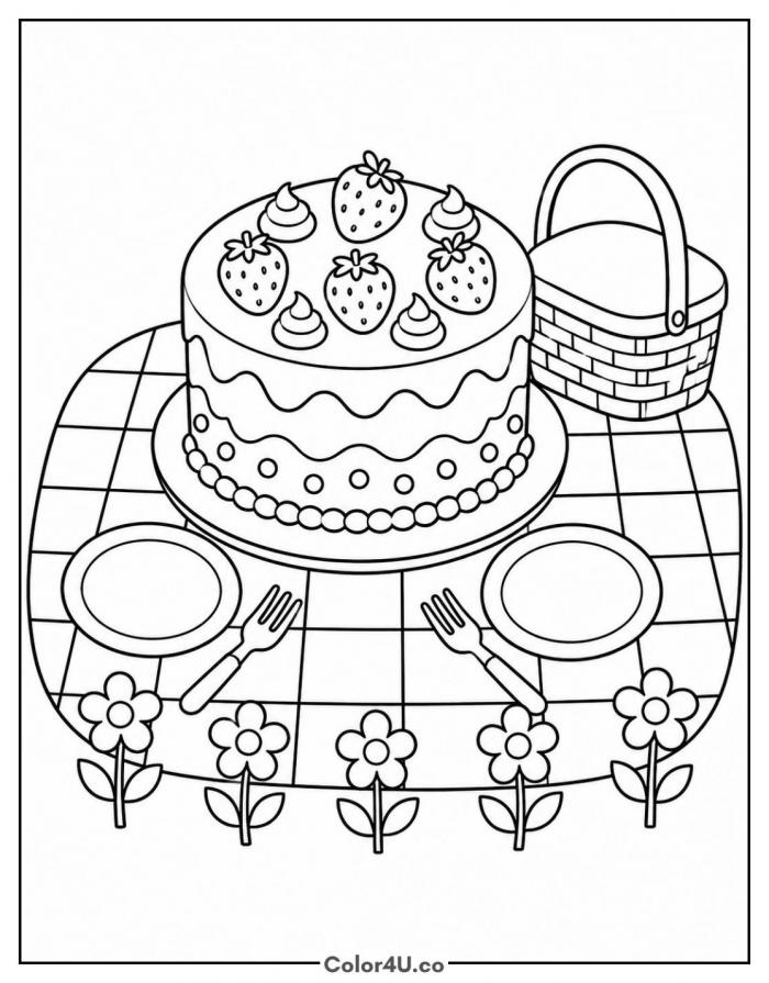 Strawberry cake on a picnic blanket with flowers, detailed coloring page, free printable