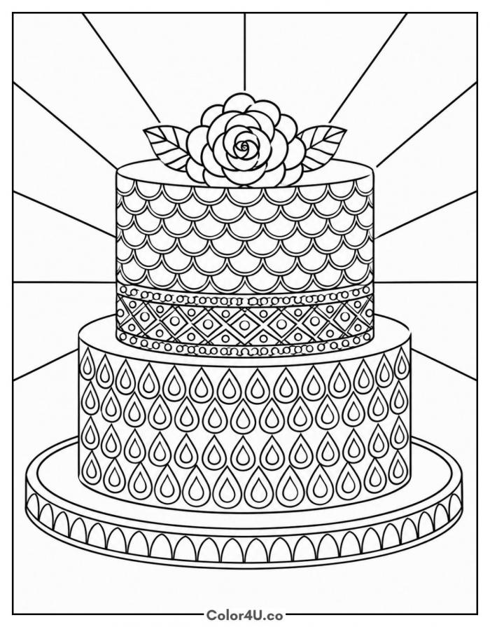 Zen patterned two tier cake with a rose, detailed coloring page, free printable
