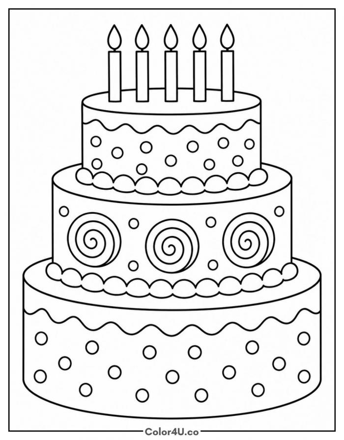 Three tier birthday cake with five candles, medium coloring page, free printable