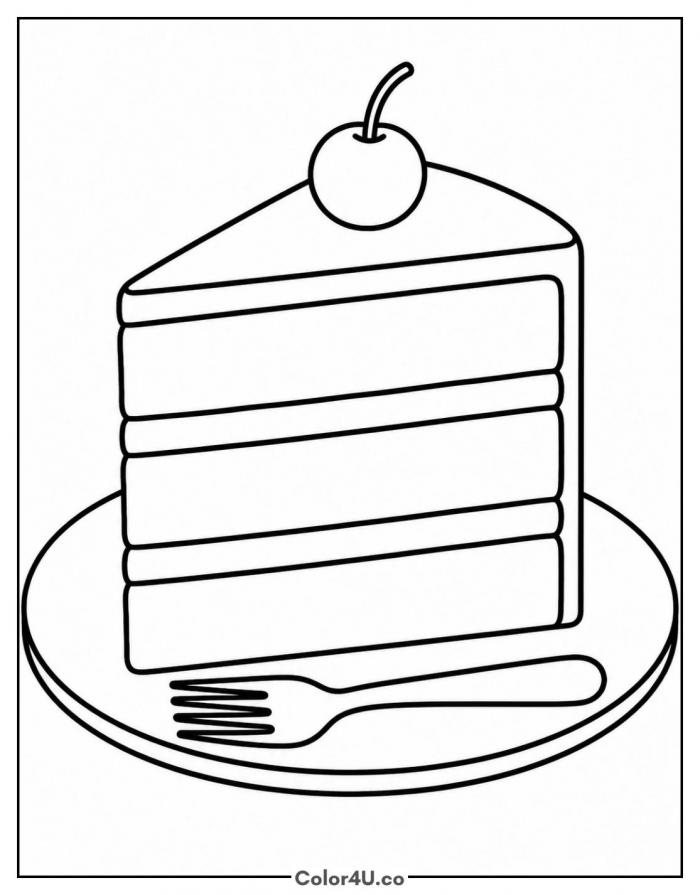 Slice of layer cake with a cherry on a plate, easy coloring page, free printable