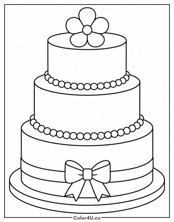 Classic three tier wedding cake with a bow, medium coloring page, free printable