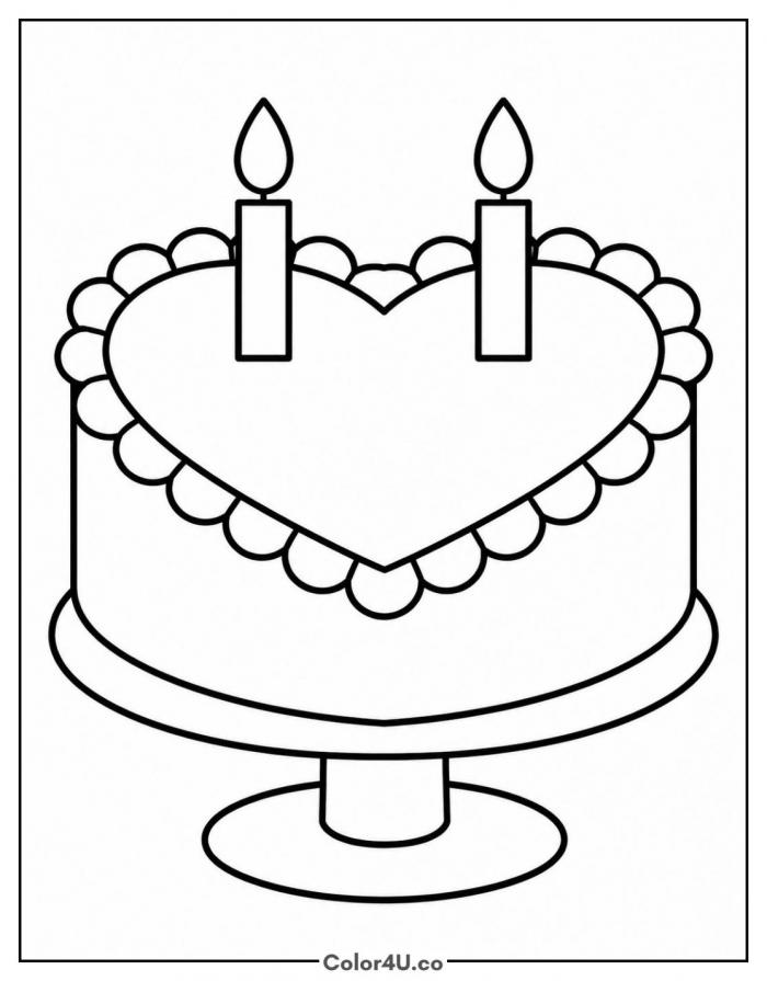Heart shaped cake with two candles on a stand, medium coloring page, free printable
