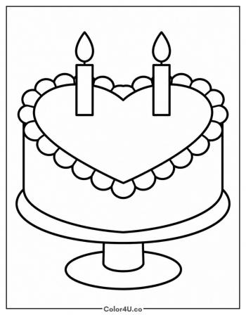 Heart Shaped Cake with Two Candles coloring page