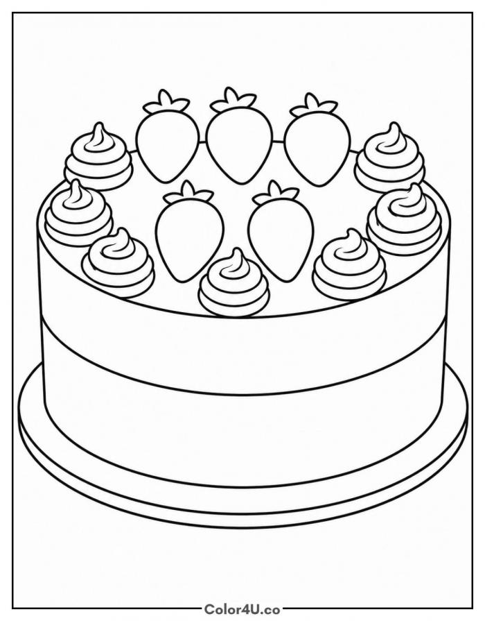 Strawberry cream cake with piped swirls, easy coloring page, free printable