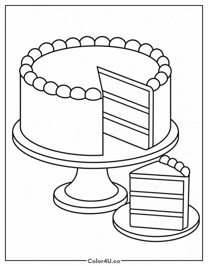 Cake with one slice removed on a stand, medium coloring page, free printable