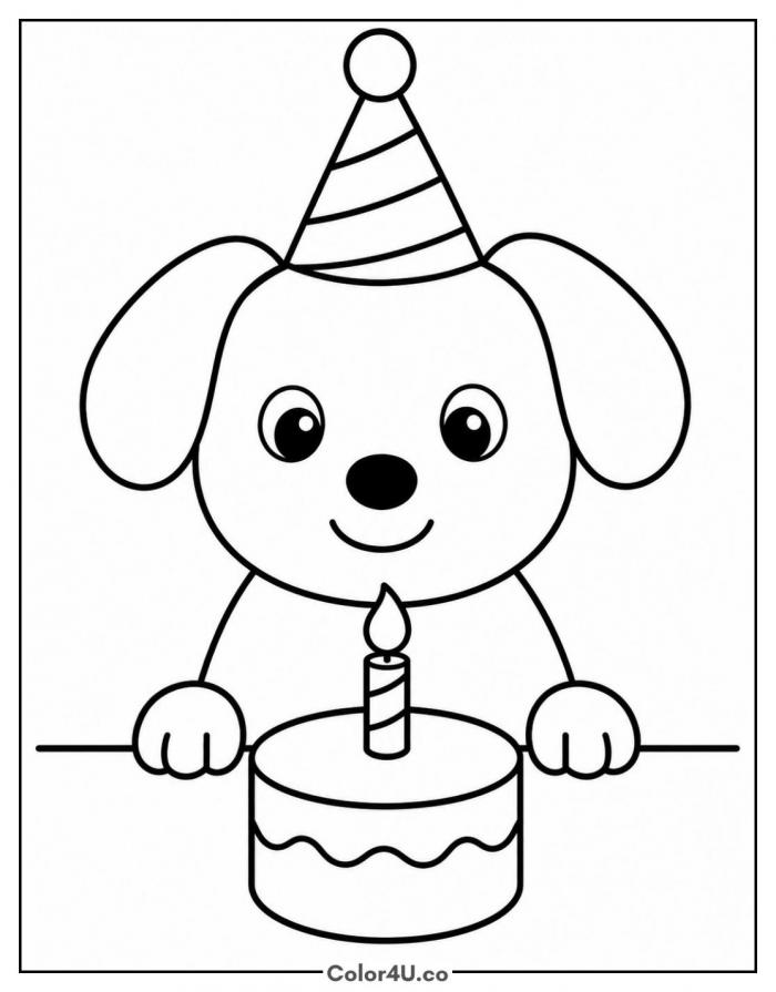 Puppy in a party hat with a birthday cake, easy coloring page, free printable