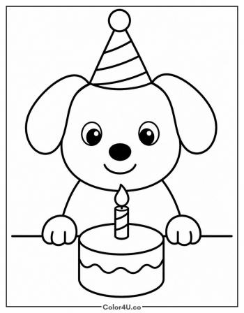Puppy with a Birthday Cake coloring page