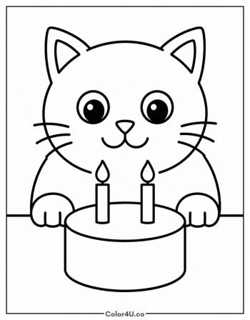 Cat with a Birthday Cake coloring page
