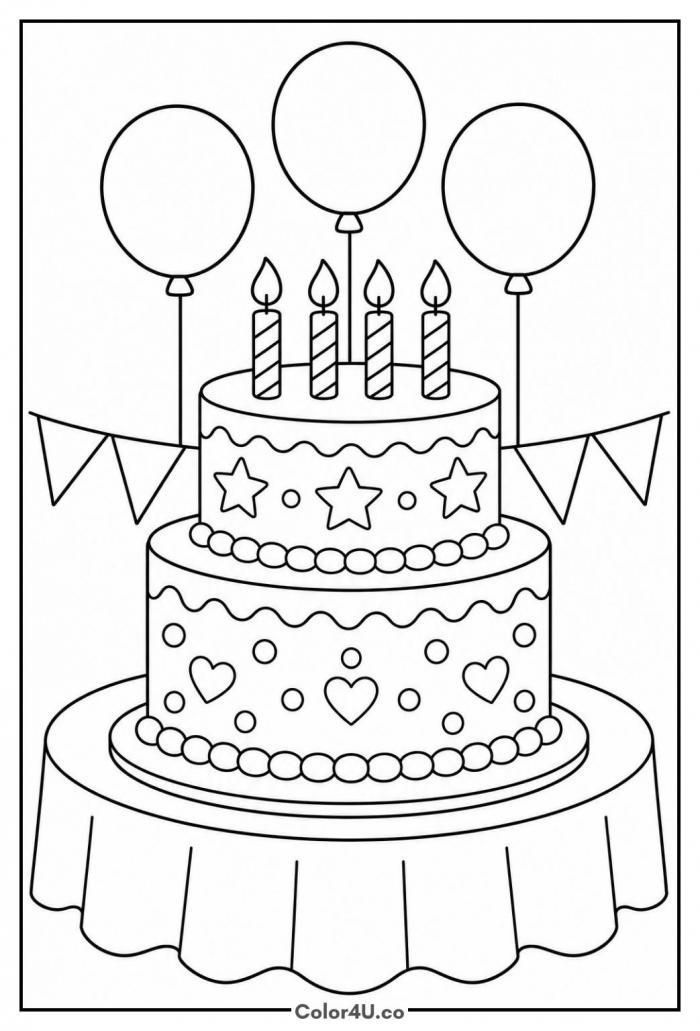Birthday cake with balloons and bunting, detailed coloring page, free printable