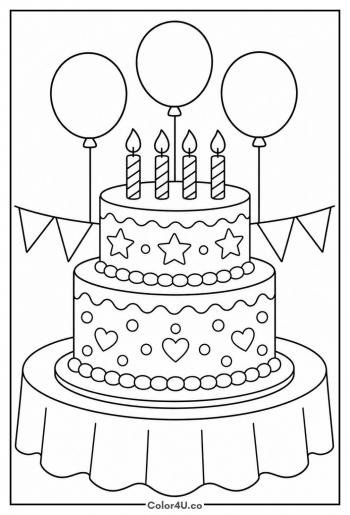 Birthday Cake with Balloons and Bunting coloring page