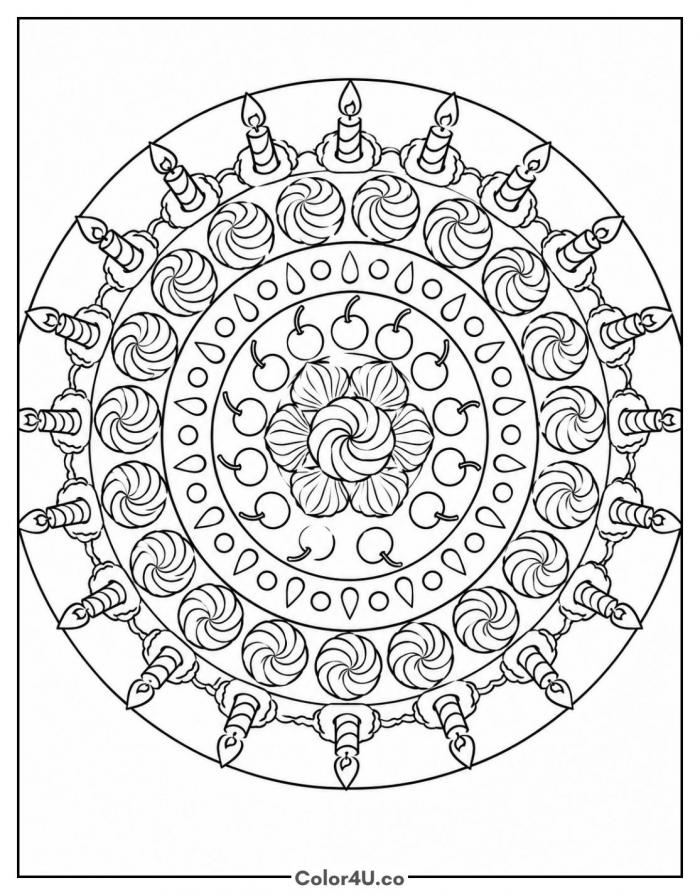 Cake mandala with candles and frosting swirls, detailed coloring page, free printable