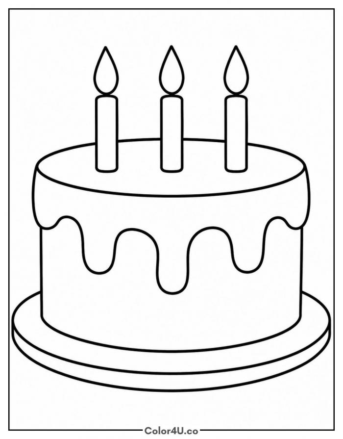 Birthday cake with three lit candles, easy coloring page