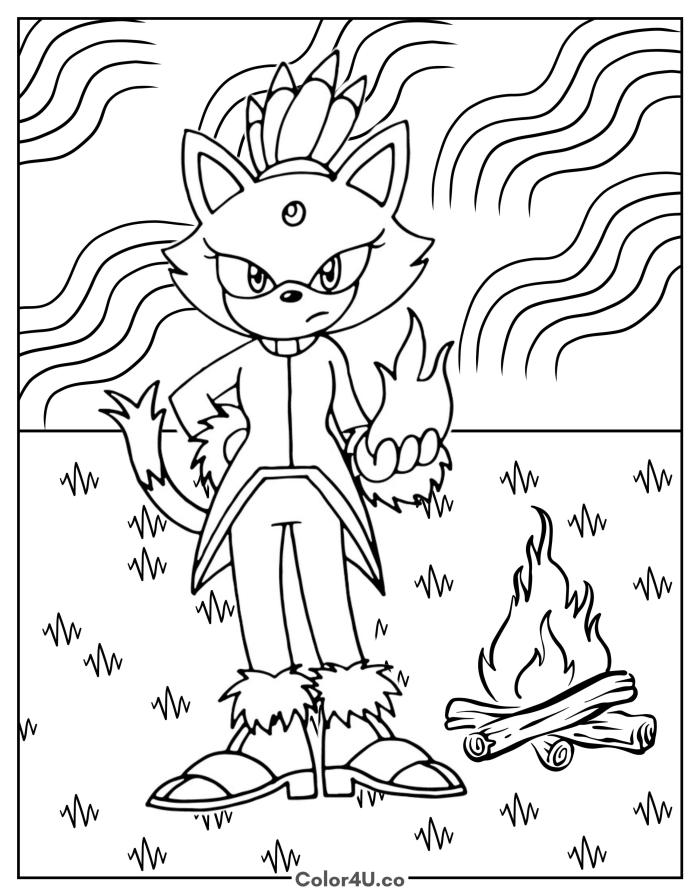 Blaze the Cat holding fire with campfire nearby, detailed Sonic the Hedgehog coloring page, free printable