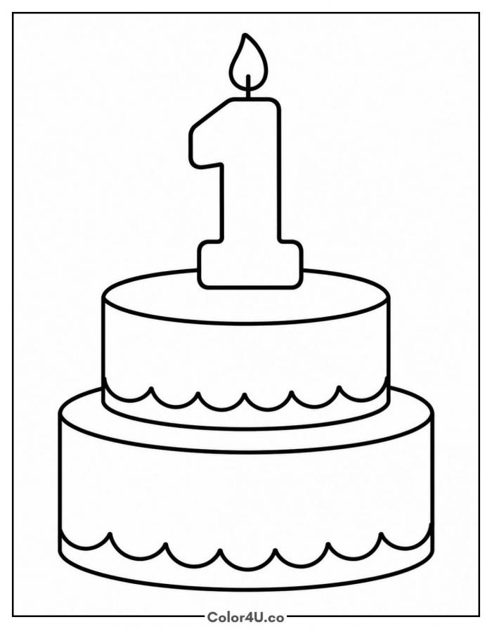 First birthday cake with a number one candle, easy coloring page