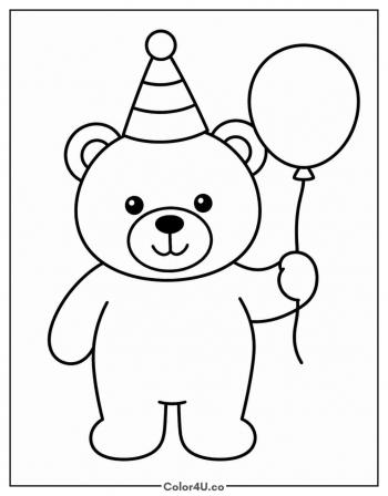 Birthday Bear Holding One Balloon coloring page