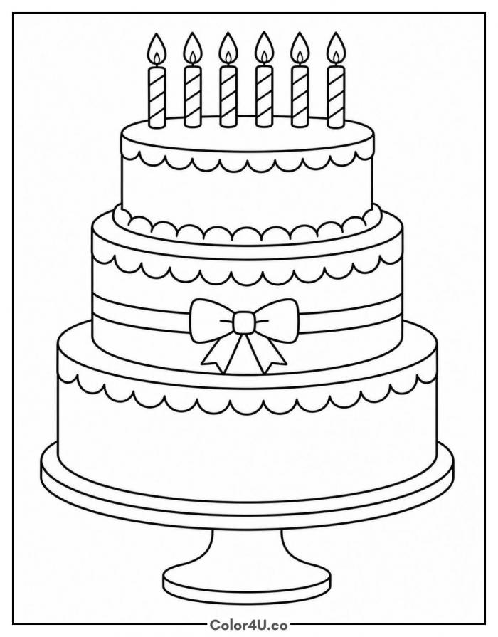 Three tier birthday cake with candles, coloring page