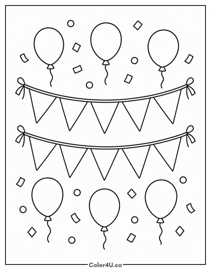 Birthday bunting with blank flags and balloons, coloring page