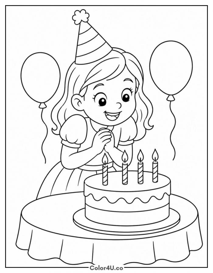 Birthday girl with her cake and candles, coloring page