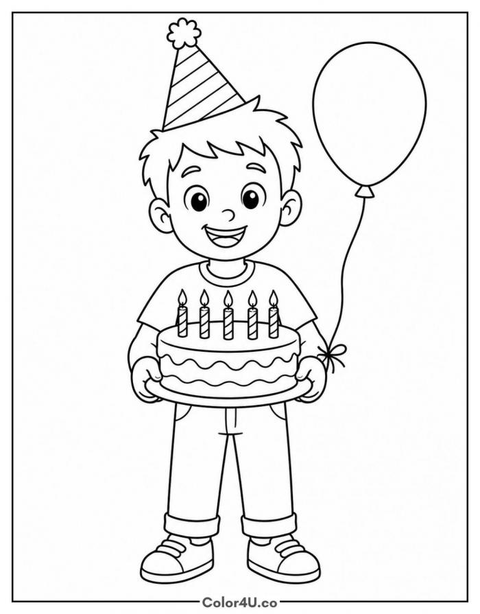 Birthday boy holding his cake, coloring page
