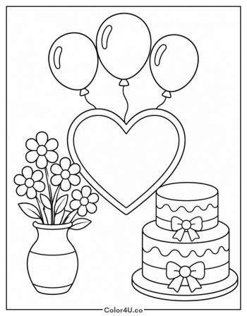 Happy Birthday Mom Bouquet And Cake coloring page