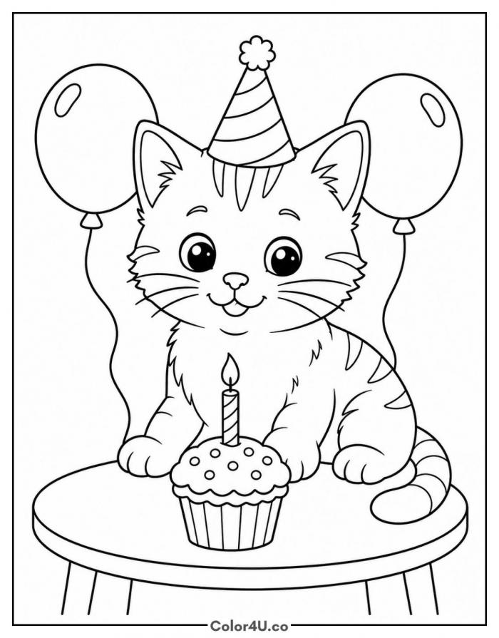 Kitten with a birthday cupcake, coloring page