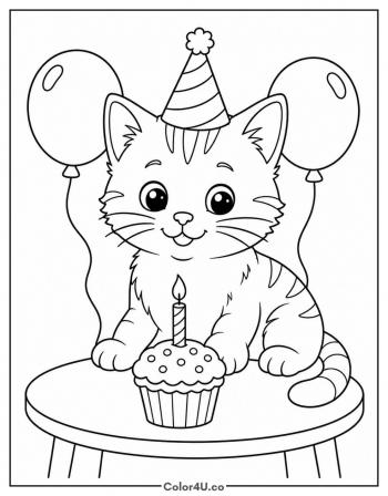 Kitten With A Birthday Cake coloring page