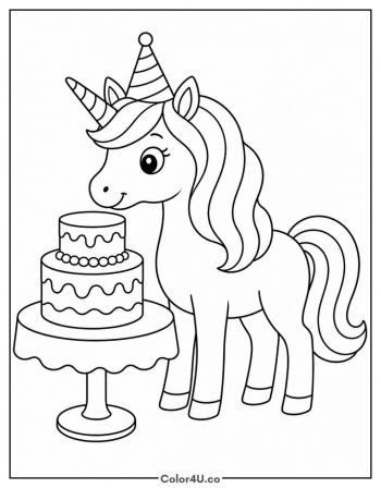 Unicorn With A Birthday Cake coloring page