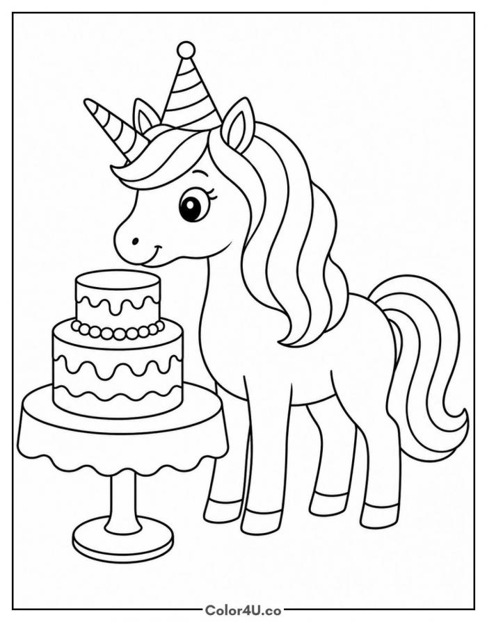 Unicorn with a birthday cake, coloring page