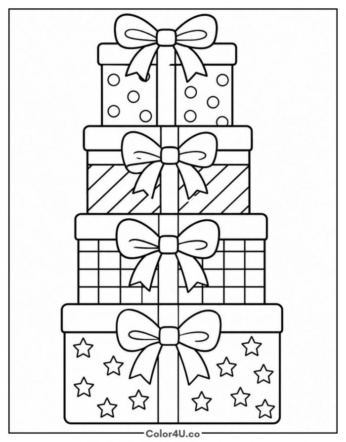 Stack of four birthday presents with bows, coloring page