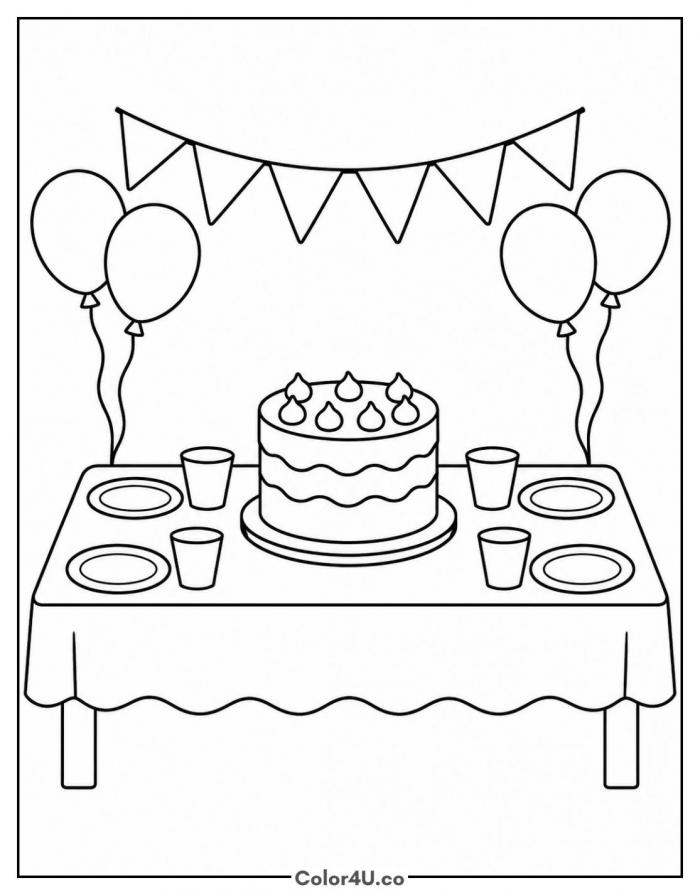 Birthday party table with cake, cups and bunting, coloring page